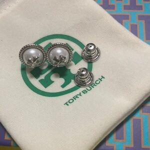 Tory Burch Silver and Cream Stud Earrings